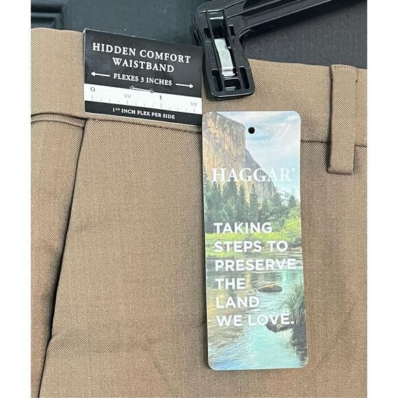 Haggar Men's Premium No Iron Khaki Classic Fit Expandable Waist Flat Front Pant - Picture 5 of 7